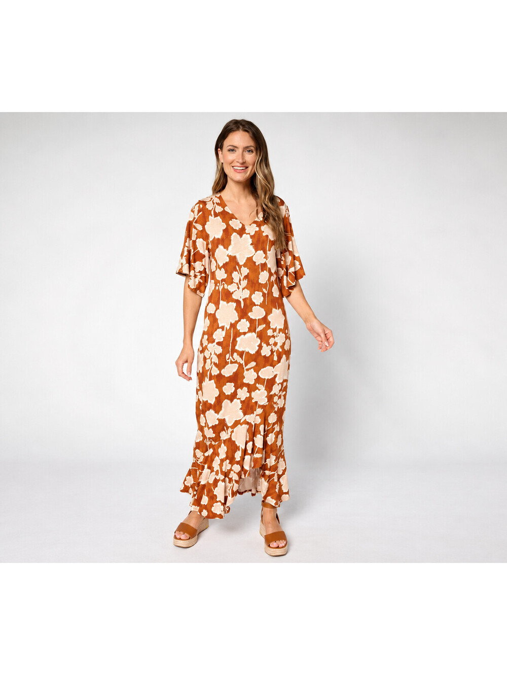 Peace Love World Boheme Regular Knit Flutter Sleeve V-Neck Dress Caramel, Medium
